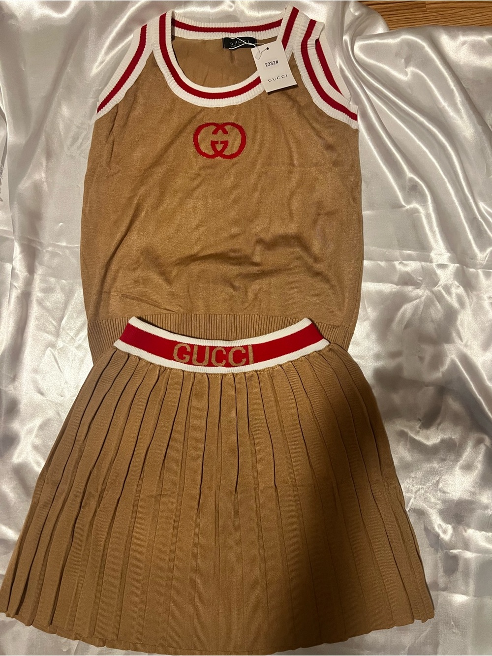 G-Tan Knit Tank and Pleated Skirt Set with Red Trim